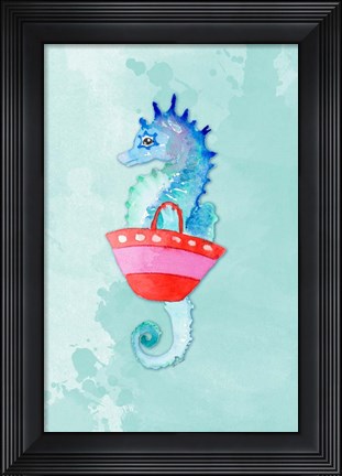 Framed Seahorse With Bag on Watercolor (blue) Print