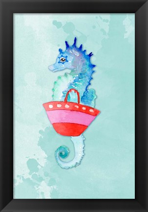 Framed Seahorse With Bag on Watercolor (blue) Print