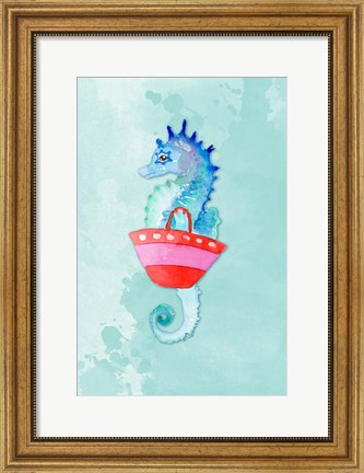 Framed Seahorse With Bag on Watercolor (blue) Print