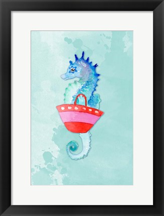 Framed Seahorse With Bag on Watercolor (blue) Print