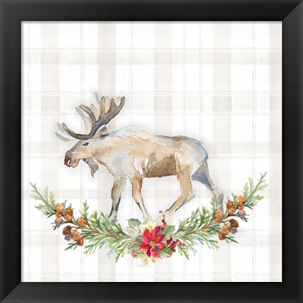 Framed Holiday Woodland Garland on Plaid I Print