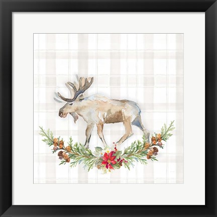 Framed Holiday Woodland Garland on Plaid I Print