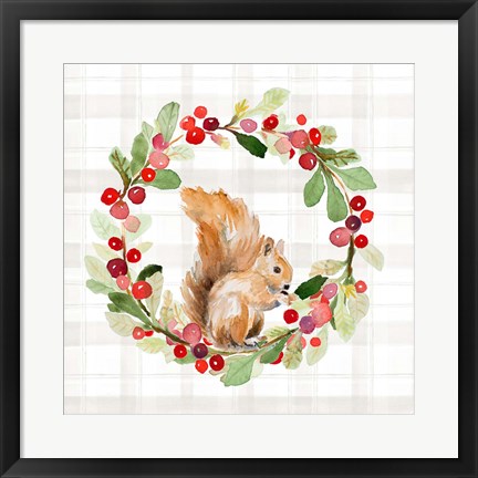 Framed Holiday Woodland Wreath on Plaid II Print