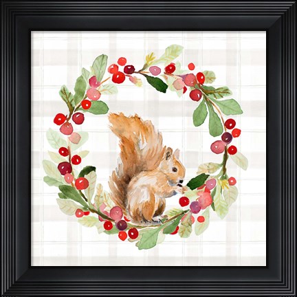 Framed Holiday Woodland Wreath on Plaid II Print