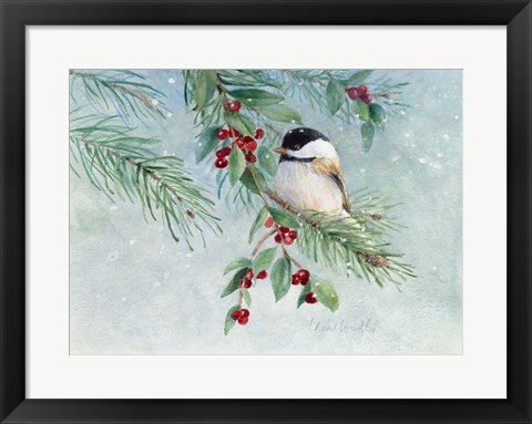 Framed Gray-Headed Chickadee On Holly Print