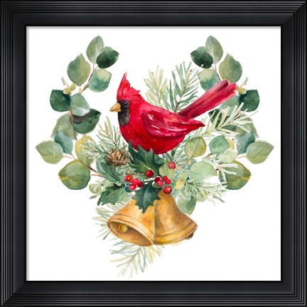 Framed Northern Cardinal On Holiday Bells Print