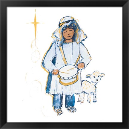 Framed Drummer Boy And Lamb (blue and gold) Print