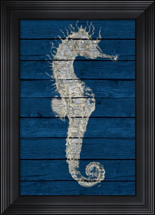 Framed Antique Seahorse on Blue I Print
