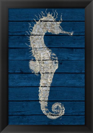 Framed Antique Seahorse on Blue I Print