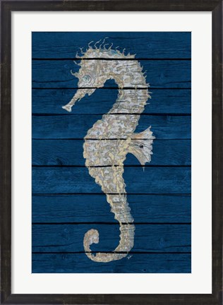 Framed Antique Seahorse on Blue II Print