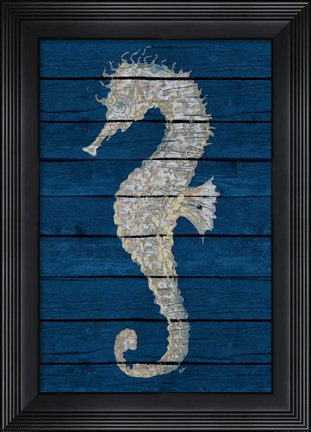 Framed Antique Seahorse on Blue II Print