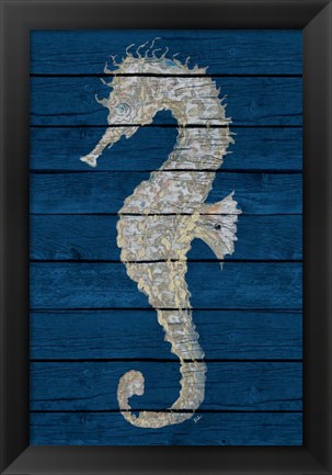 Framed Antique Seahorse on Blue II Print