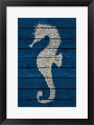 Framed Antique Seahorse on Blue II Print