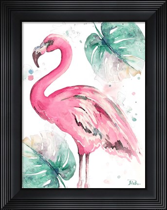 Framed Watercolor Leaf Flamingo I Print