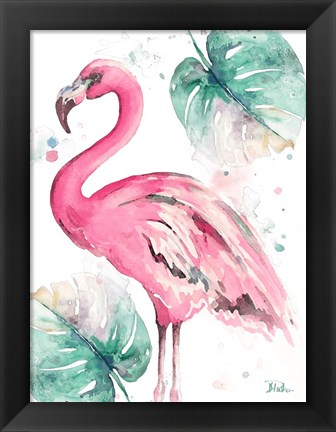 Framed Watercolor Leaf Flamingo I Print