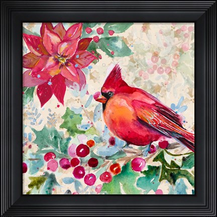 Framed Holiday Poinsettia and Cardinal I Print