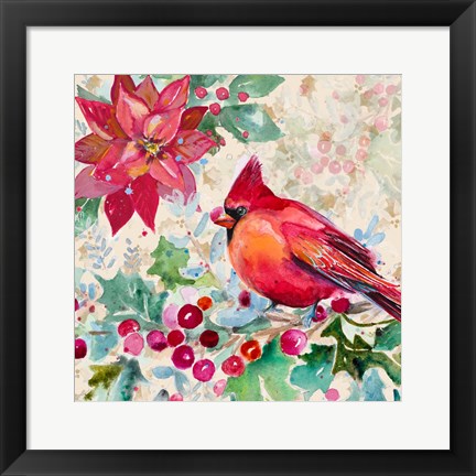 Framed Holiday Poinsettia and Cardinal I Print