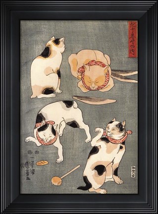 Framed Kuniyoshi Utagawa Four Cats in Different Poses 1830 Print