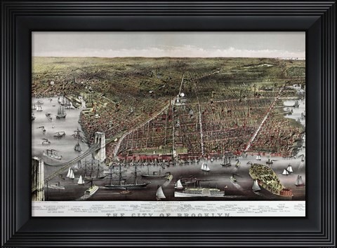 Framed Brooklyn Birds Eye View Currier &amp; Ives 1879 Print