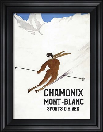 Framed Chamonix Mont-Blanc Alpine Ski Poster from 1930 Print
