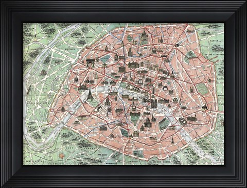 Framed 1920 tourist pocket map of Paris Print