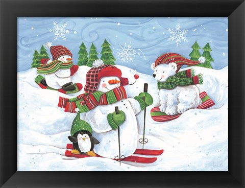 Framed Skiing Snowmen and Animals Print