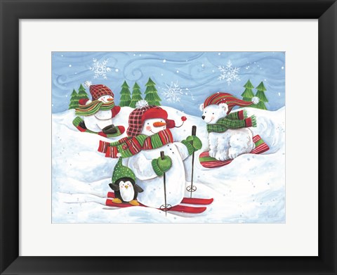 Framed Skiing Snowmen and Animals Print