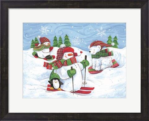 Framed Skiing Snowmen and Animals Print