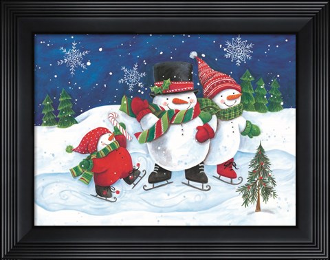 Framed Happy Snowmen Family on Skates Print