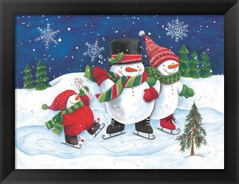 Framed Happy Snowmen Family on Skates Print