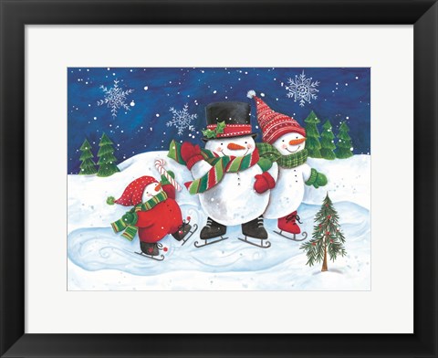 Framed Happy Snowmen Family on Skates Print