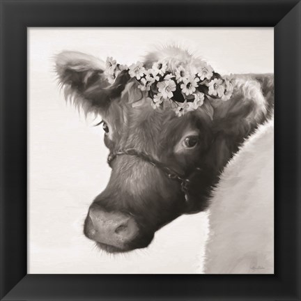 Framed Brown Cow with Flowers Print