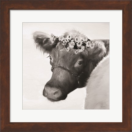 Framed Brown Cow with Flowers Print