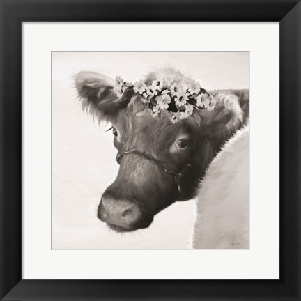 Framed Brown Cow with Flowers Print