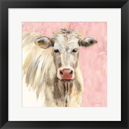 Framed White Cow on Pink Print