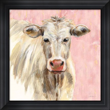 Framed White Cow on Pink Print