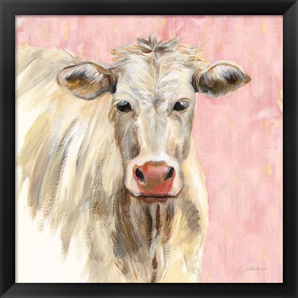 Framed White Cow on Pink Print