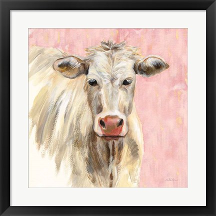 Framed White Cow on Pink Print