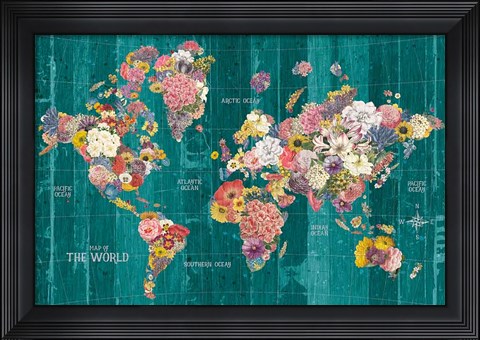 Framed Botanical Floral Map Words Aqua Print