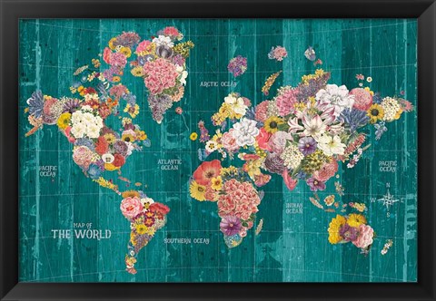 Framed Botanical Floral Map Words Aqua Print