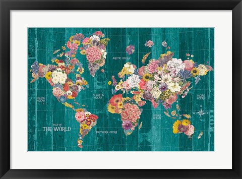 Framed Botanical Floral Map Words Aqua Print