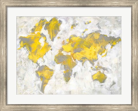 Framed World Map Yellow Gray Print