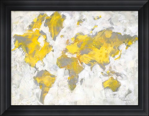 Framed World Map Yellow Gray Print