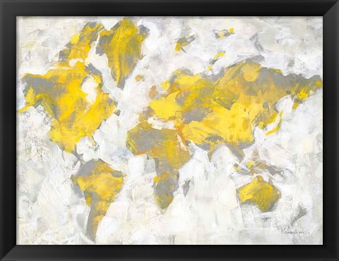 Framed World Map Yellow Gray Print