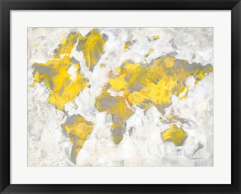 Framed World Map Yellow Gray Print