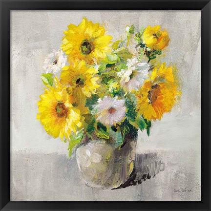 Framed Sunflower Still Life I on Gray Print