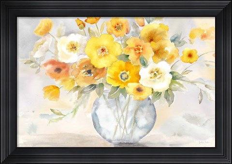 Framed Bright Poppies Vase yellow gray Print