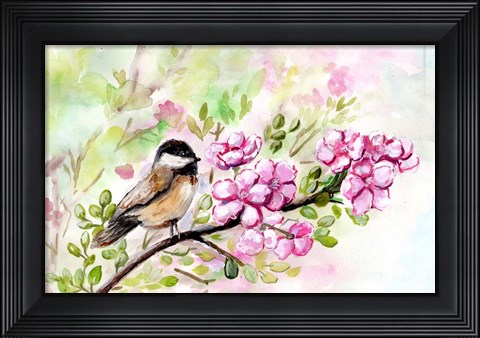 Framed Spring Chickadee and Apple Blossoms Print