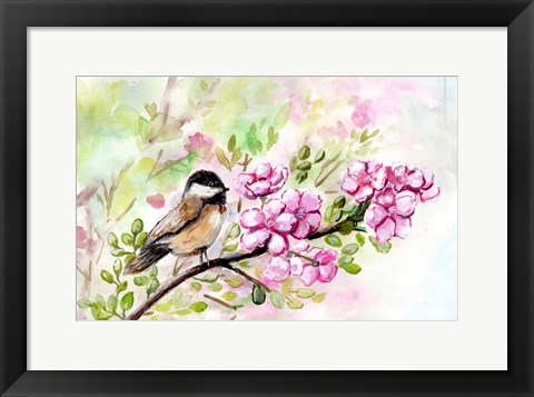 Framed Spring Chickadee and Apple Blossoms Print