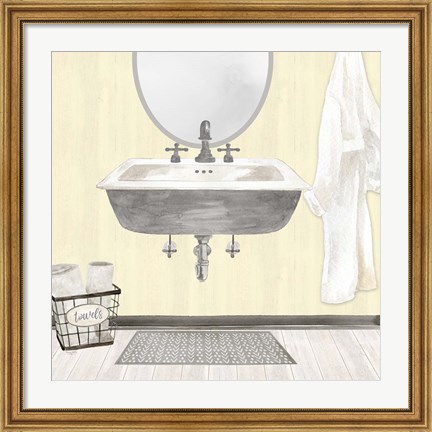 Framed Farmhouse Bath II Gray &amp; Yellow 2-Sink Print
